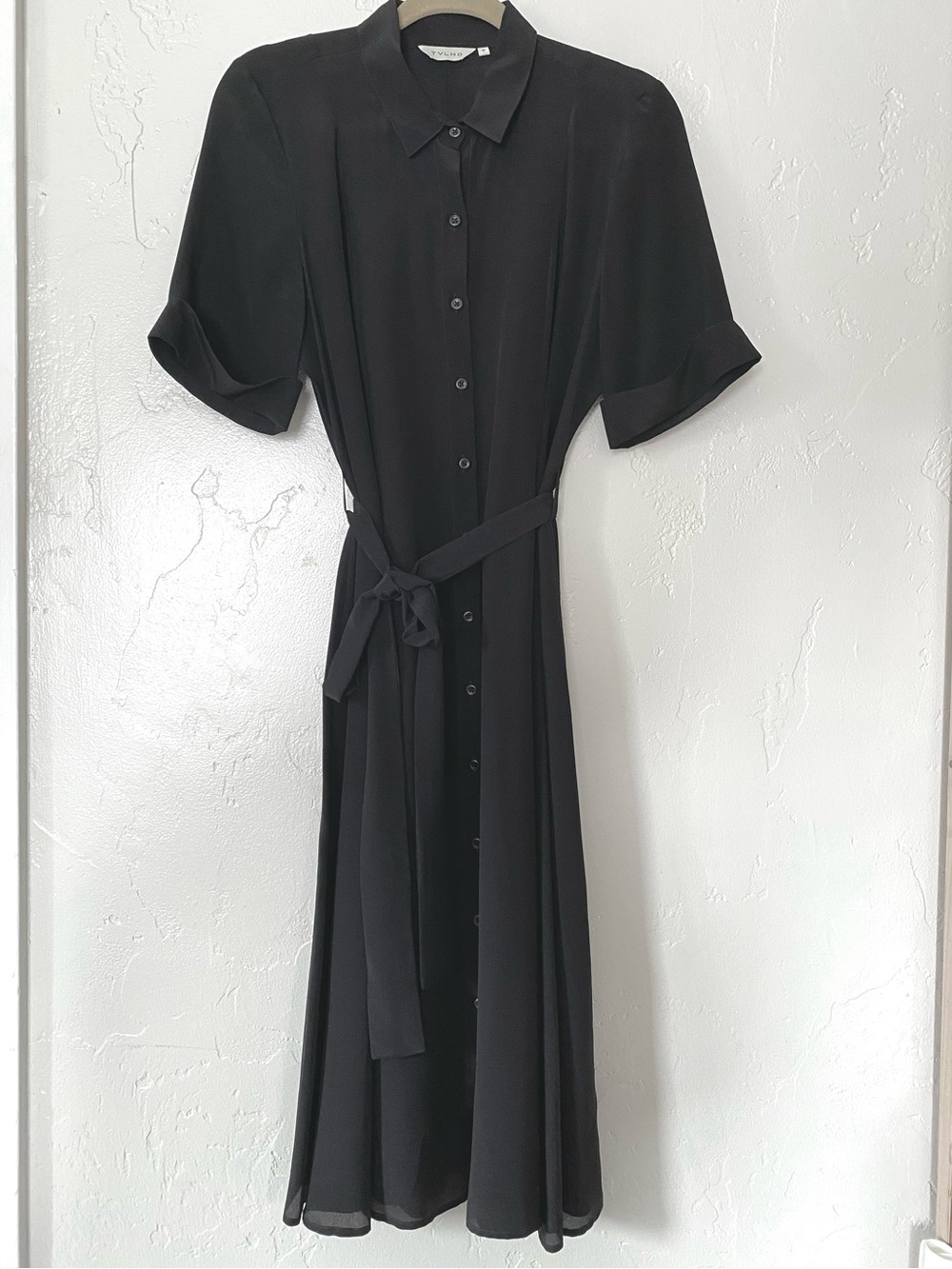 TYLHO Elegant Black Midi Shirt Dress with Self-Tie Waist Size M